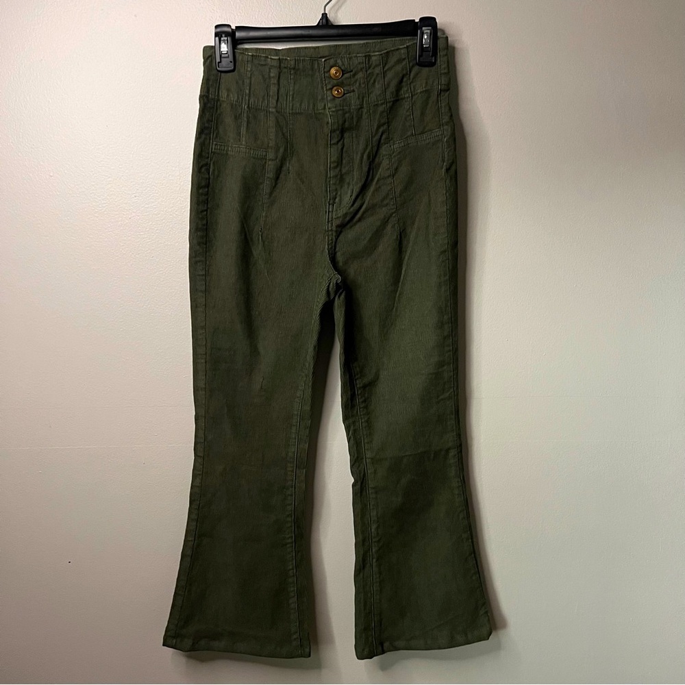 We The Free Boho Corduroy Pants‎ High Rise Flare Button Size 26 Olive Green
